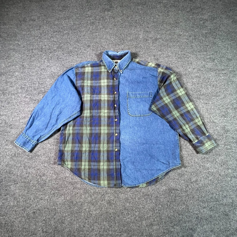 Vintage Copper Key Shirt Mens Large Multi Colorblock Denim Flannel Button Front